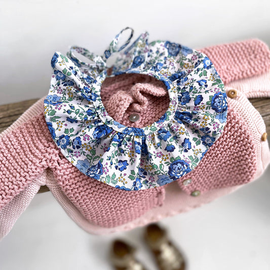 Pip & Ink. Bluebell. Little baby and child Liberty ruffle collar. Baby ruffle collar. Little ruffle collars. Removable ruffle collars. Liberty ruffle collars.